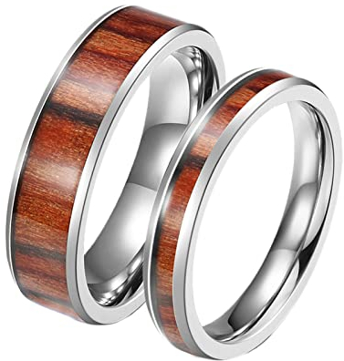 ANAZOZ Ringe Partnerringe Set, Personalisierte Ringe Paare Trauringe Damen gr.54 und Herren gr.62 6mm 4mm Silberring Inlay Holz