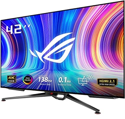 ASUS ROG Swift OLED PG42UQ gaming monitor – 41.5-inch 4K (3840 x 2160), OLED, 138 Hz (OC), 0.1 ms (GTG), G-SYNC® compatible, anti-glare, 98% DCI-P3, true 10-bit, HDMI® 2.1, DisplayPortâ„¢ 1.4