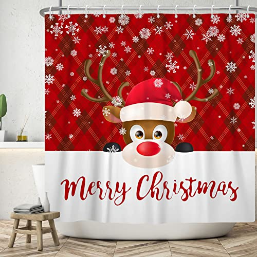 Bovlleetd 180x180cm Niedlicher Elch Duschvorhang Frohe Weihnachten Duschvorhang Roter Büffel Plaid Cartoon Tier Badezimmervorhang Weiße Schneeflocke Wasserdichter Wannenvorhang mit Haken