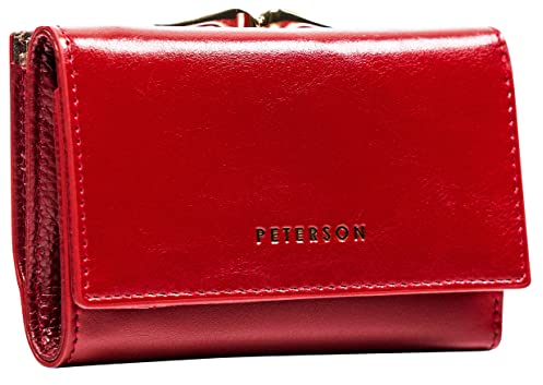 PETERSON | Damenbrieftasche | Kompakt | Geräumig | 5 Kartenfächer | Geldscheinfach | Münzfach | Naturleder | Elegant | RFID-System (ROT)