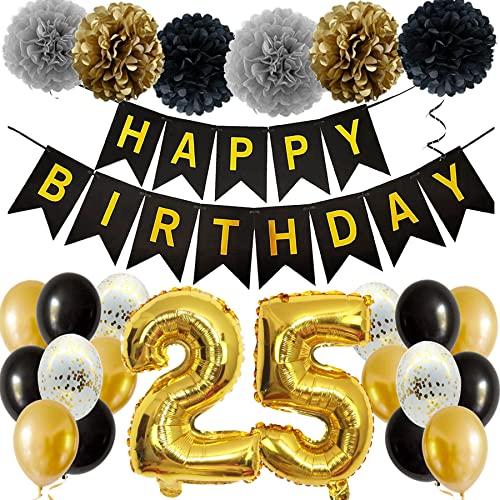 Feelairy Ballons 25. Geburtstag Deko Männer Frauen, Schwarz Gold Geburtstagsdeko 25 Jahre Mann Frau, Happy Birthday Deko Konfetti Luftballons Deko 25 Geburtstag Mann 25 Geburtstag Deko Frauen