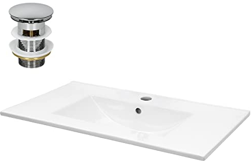 ECD Germany Lavabo Cerámica Blanco Rectangular 810 x 465 x 175 mm con Juego De Drenaje con Rebosadero Lavamanos Moderno Encastrado Pila para Baño Aseo Servicio Fregadero Válvula De Desagüe Pop Up
