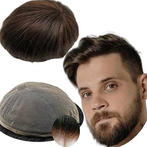 Yanahair Echthaar Toupet für Männer, Glattes Haar dünne französische Spitze Gebleicht Knoten natürlichen Haaransatz Perücken Haarsystem Europäische Echthaar Perücke Mann(#2 Tiefbraun 10x8)