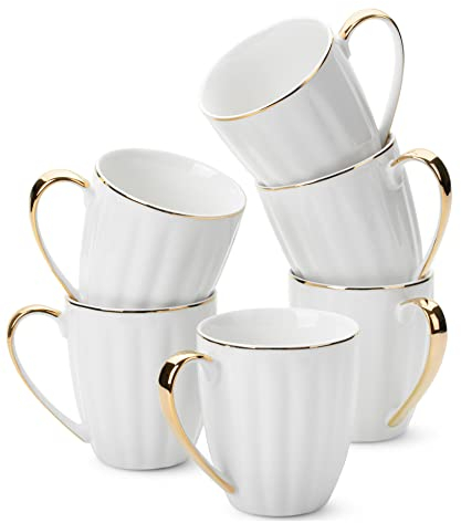 BTaT- Weiße Kaffeetassen, 6er-Set, 340 ml, weißes Porzellan mit Goldrand, Kaffeetassen-Set, heiße Schokolade, Keramikbecher, große Tassen für Kaffee, heiße Kakaobecher, Kaffeebecher amic set