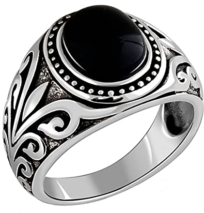 Herren Ringe Silber, 925 Sterling Silber Vintage Antikes Muster mit schwarzem Achat Ring HerrenSilber, Größe 60 (19.1)