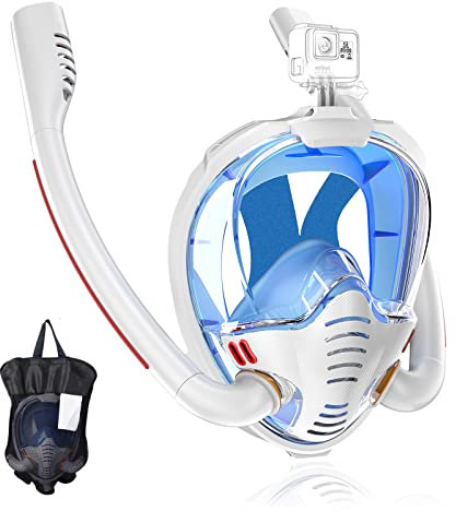 BOKEFA Tauchmaske Schnorchelmaske Vollmaske CO2 Sicheres Atmen Müheloses Atmen 180° Sichtfeld Anti-Leck Doppelrohre mit Kamerahalterung Schnorchelsets für Kinder und Erwachsene (S/M, Weiß Blau)…