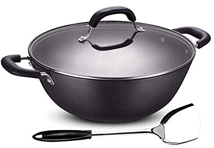 OQHAIR Woks antiadhésifs et poêles à Frire avec Couvercle, Panier à Frire et Grille Vapeur, poêle Wok en cuivre antiadhésif avec Couvercle