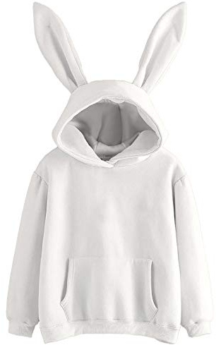 Kapuzenpullover Damen Pullover mit Niedlichem Häschenmotiv Sweatshirt mit Langen Ärmeln Hasen Ohren Kapuzen Fleecejacke mit Kordelzug und Taschen Bluse Damenbluse (b-White, XL)