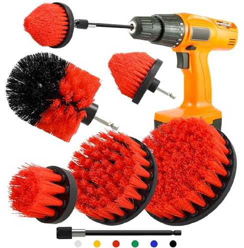 Drill Brush Attachment Set, 5pcs 1/4in Power Scrubber With 1pcs Extend Long Attachment for Cleaning Showers, Tubs, Bathroom, Tile, Grout, Carpet (5 Brushes Red)