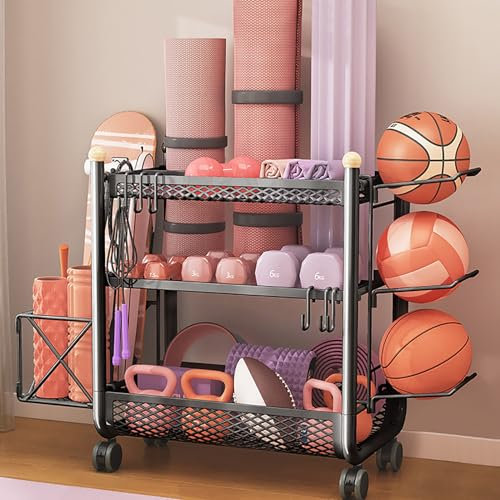 TRUNXUCL Home Gym Storage Rack with Ball Cage, 4 Tier Heavy Duty Storage Rack, Fitness Equipment Storage Organizev with Lockable Wheels and Hooks