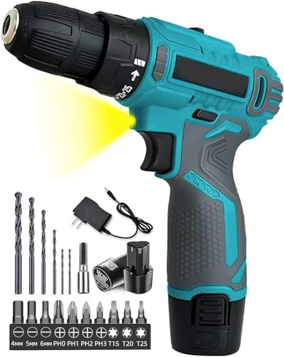 Cordless Drill Driver 12V, Electric Screwdriver with 25+1 Torque, 3/8 Chuck, 2 Speed, 45Nm Power Drill with LED Light, 2X Battery 3.0Ah Included, Ideal for Home DIY Project