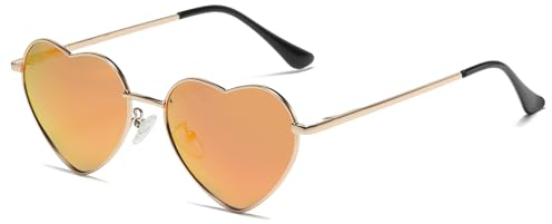 JCTAIFOO Polarisierte Herz Sonnenbrille für Damen Vintage Mode Liebe Form Gold Metallrahmen Nette Party Festival Brille Gold/Rot reflektierend