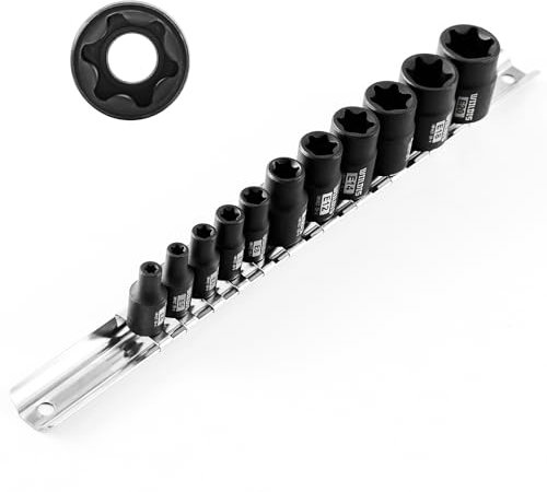 WIILDIS 11PCS Female Torx Socket Set, E-Torx Socket Set with Rail,1/4 and 3/8 Drive, Female External Star Socket Set E4 - E20 Torque Socket Set