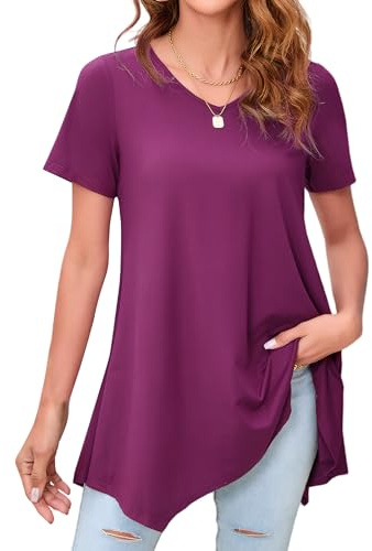 Enmain Donna Tunica Camicetta Viola Manica Corta Camicie Casual Estiva Scollo V Top Camicie Camicetta Longline Tinta Unita Magliette per Vacanze Primavera Estate,Viola,XXL