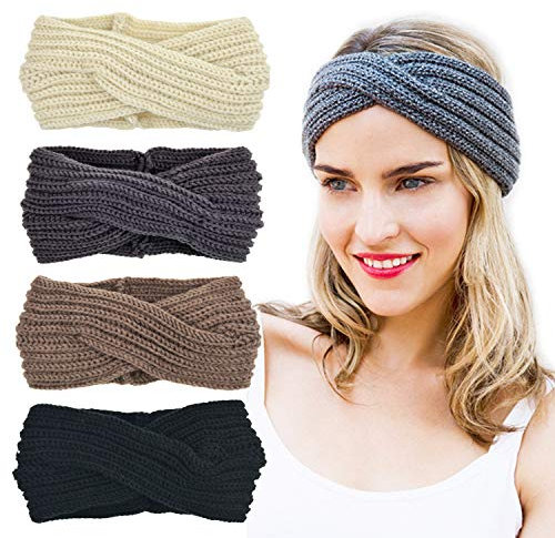 DRESHOW 4 Pièces Bandeau Cheveux pour Femme Bandeaux Hiver Serre-Tête Tricoté Oreille Réchauffeur Chaud Noué Bande Elastique Cheveux
