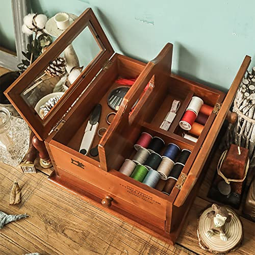 LAVAMI Nähkasten, Nähset, Retro-Nähkorb aus Holz, tragbarer Nähkasten, Schubladentyp, Schreibtisch-Aufbewahrungsbox, blau (Color : Brown)