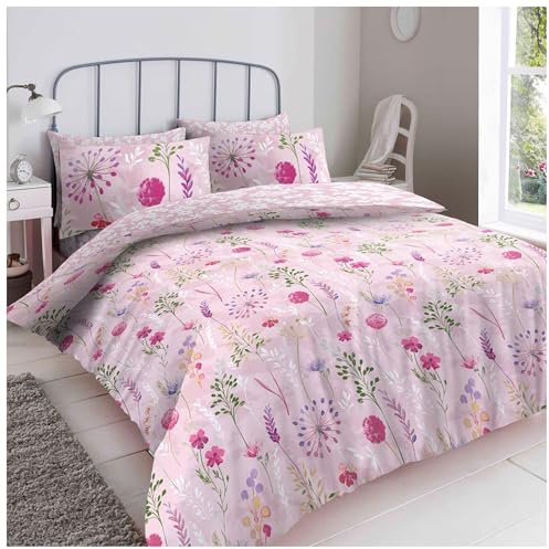 Lions Floral Bedding Set - 4 Piece King Size Bed Duvet Cover with Pillowcase Fitted Sheet, Soft Poly Cotton Reversible Quilt Covers, Pink