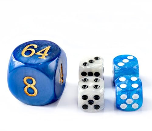 Backgammon-Perlen-Würfel-Set, 30 mm, großer Backgammon-Doppelwürfel plus 4 x 16 mm Würfel (blau/weiß marmoriert), 5-teiliges Set, 30 mm