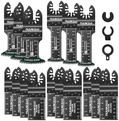 nuyikaso 19Pcs Multi Tool Blade Set for Wood Plastic Include Extra Long and Broad Reach Arc Edge Oscillating Saw Blades Multitool Accessories Quick Release Compatible with Bosch Fein Ryobi Makita