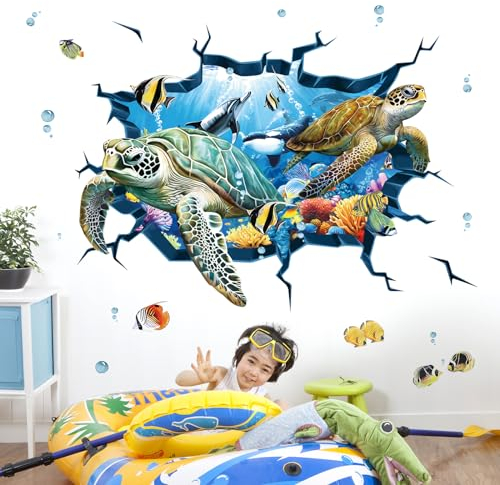 decalmile Wandtattoo Unterwasserwelt 3D Meeresschildkröten Unter dem Meer Wandaufkleber Ozean Fisch Seetang Wandsticker Junge Babyzimmer Badezimmer Wanddeko