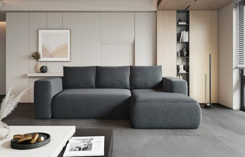 Easy4You Lambi Graphite Ecksofa L-Form Rechts 266 x 89 x 164 cm mit Schlaffunktion und Stauraum - Schlafsofa mit Bettkasten - Moderne Wohnzimmermöbel – Stoff: Castel 97