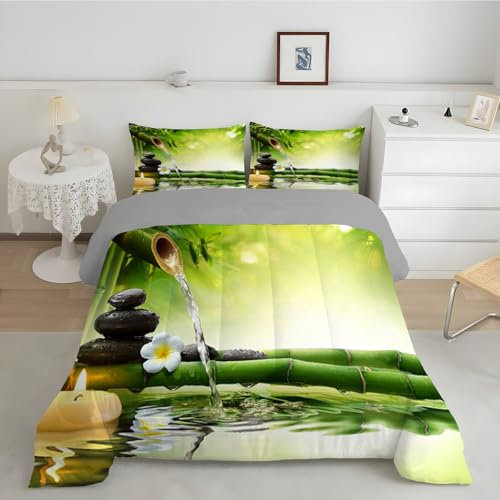 Linfye Couette 260x240 cm Bambou Vert Couette Imprimée en Microfibre Edredon 4 Saisons Couette 2 Personnes en Machine Couette Réversible et 2 Taie d'oreiller 65x65 cm