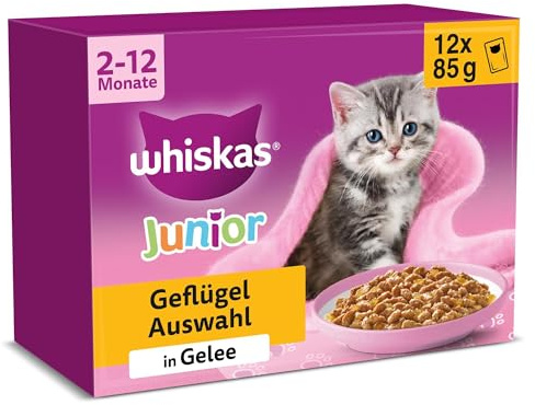 WHISKAS Junior Nassfutter Portionsbeutel Multipack, Geflügelauswahl in Gelee, 12 x 85g