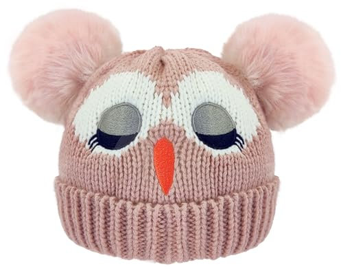 YMIFEEY Wintermütze Kinder Mütze Mädchen Jungen, Eule Kindermütze Winter Strickmütze mit mit Bommel, Winter Warme Beanie Hut Babymütze Bommelmütze für Kinder 3-8 Jahre (Rosa)