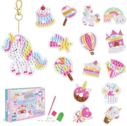Kit de 15PCS de Peinture Diamant Licorne pour Enfants 5D DIY Arts et Artisanats pour Enfants Pendentif de sac Décoration D'arbre de Noël Cadeaux de Noël pour Garçons Filles de 5 6 7 8 9 Ans