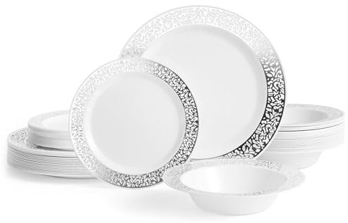 MATANA 150 Stück Plastikteller & Plastikschalen Set, Weiß mit Silberrand – 50 Essteller, 50 Dessertteller, 50 Schüsseln – Elegant & Mehrweg Partygeschirr für Partys, Hochzeiten, Geburtstage