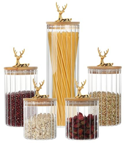 Hebaogugu Gestreifte Vorratsgläser mit Deckel, 5er-Set, 2 x 630 ml, 2 x 950 ml, 1 x 1200 ml, luftdichte Glasbehälter für Tee, Kaffee, Nüsse, Nudeln