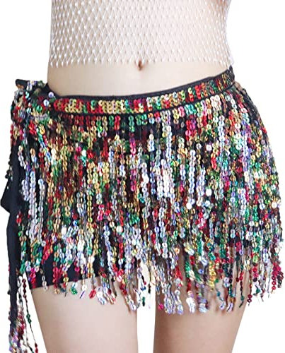 Rrongwn Quasten Paillettenrock Damen Glitzer Rock Damen Steampunk Quastenrock Bauchtanz Hüftschal Karneval Fransen Rave Outfit Kostüm Glitzer Goldener Rock Performance Glitzer Fransen Rock