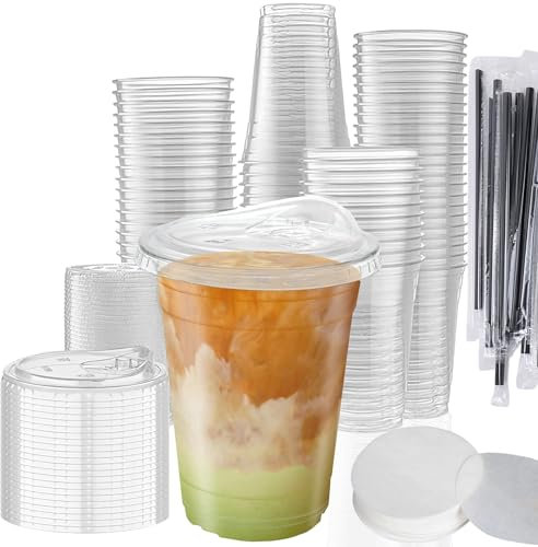 NBBENG 50 Pack - 16 oz Reusable Clear Takeaway Cups with Lids, Stickers, Straws, Leak Proof Paper, Ideal for Cold Beverages, Smoothies, Coffee Drinks