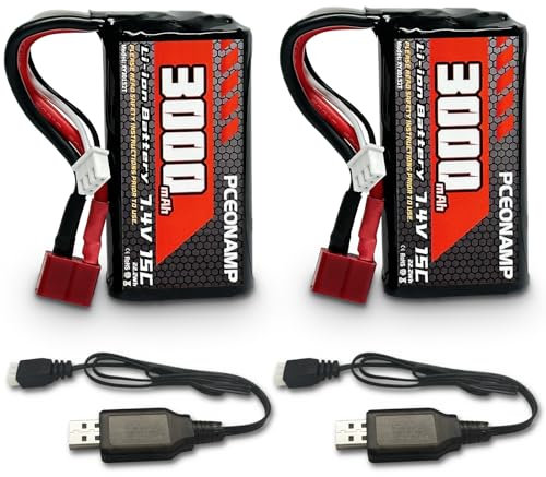PCEONAMP 7.4V Li-ion Battery 3000mAh 2S with T Plug Rechargeable High Capacity RC Battery Fit for 4WD High Speed RC Cars and Most 1/10 1/12 1/16 Scale RC Cars Trucks with 2 USB Chargers