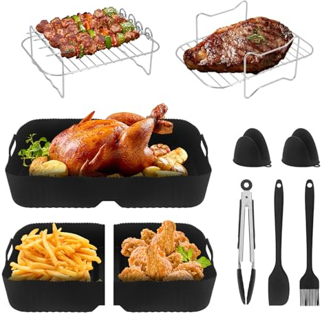 Ninja Heißluftfritteuse Zubehörfür Ninja Foodi Flexdrawer 10.4 L AF500EU, Großes Doppeltes Silikon Wiederverwendbares Futter, Einschließlich Luft-Fritteusenkorb, Grill, Handschuhe, Ölbürste, Zange,Etc