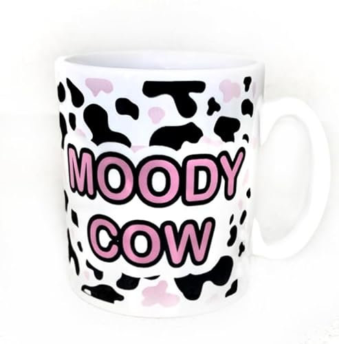 Moody Cow Coffee Mug, 296ml, White Ceramic with Pink and Black Cow Print Design