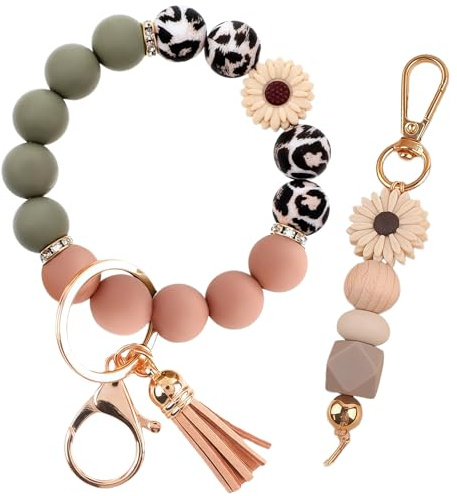 Qubusm Bracelet Key Ring Set, Cute Car Key chain Wristlet, Silicone Beaded Bangle keyChains for Women Girls