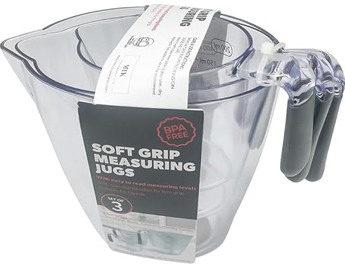 Soft Grip Measuring Jugs, BPA-Free, Set of 3, Clear with Soft Touch Handles - Assorted Colour Handles