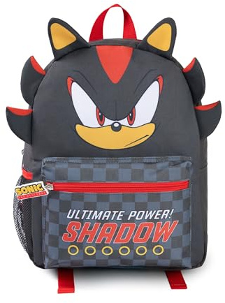 Sonic The Hedgehog Kinder 3D Shadow Rucksack | Schwarz-rote Schultasche mit „Ultimate Power!“ Shadow Grafik | Gaming-Rucksack mit karierter Vordertasche und Reißverschluss