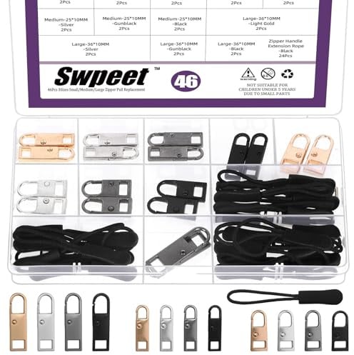 Swpeet Lot de 48 fermetures éclair de rechange avec cordon en nylon pour valises, bottes, sacs à dos, vêtements, pantalons, sacs à main - 3 tailles et 4 couleurs