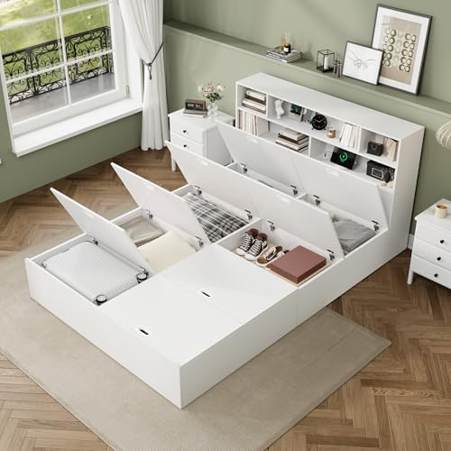 Azkoeesy Stauraumbett 140 x 200 cm, Jugendbett, Holzbett, mit Bettkasten, Staufächern und USB von Kopfteil, MDF, ohne Matratze, weiß