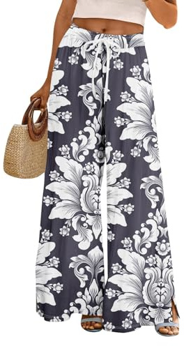 Uwdiohq Pantalon Fluide Femme été Pantalons Bohême Taille Haute Elastique Jambe Large Ample Léger Imprimé Pantalon Décontractée Longueur Pants Chic et Elegant avec Poches