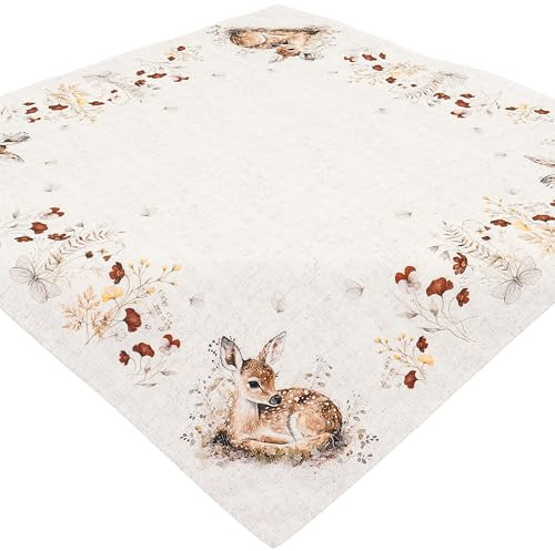 Tischdecke Bügelfrei Mitteldecke Stoff Herbstlich Tischwäsche Rehkitz Blätter Pflegeleicht Waschbar (85 x 85 cm (Quadratisch))