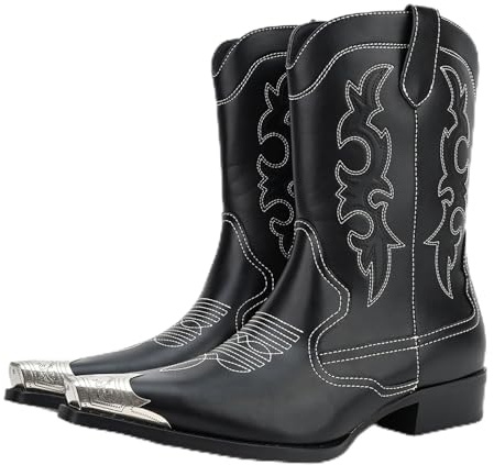 Generico Stivali da Cowboy da Uomo a Mezza Gamba, Stivali da Moto Casual per Esterni, Scarpe da Neve Invernali Antiscivolo e Comode,Nero,41 EU