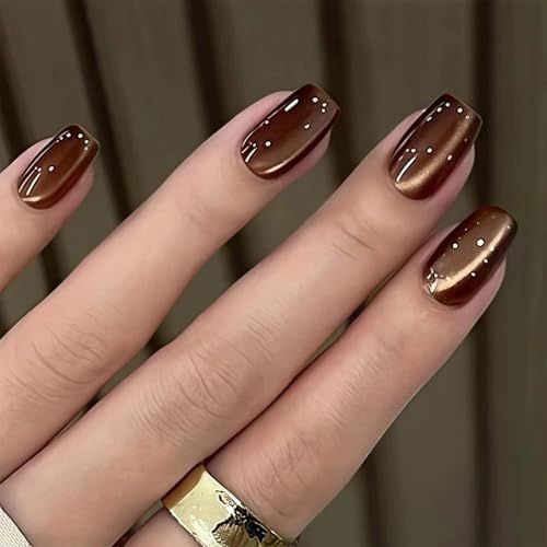 Short Square Press-On False Nails, Brown Metallic Finish, 24-Piece Set | Assorted Fitting Sizes, Light-Coloured Dot Details, For Coordinated Everyday Manicures And Evening Occasions