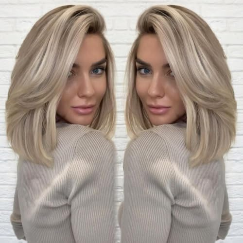220 % Highlight, Esche, blond, Bob Perücke, Echthaar, vorgefedert, vorgeschnitten, Schatten, Esche, Braun, kurz, gerade, weich, 13 x 4, UHD Spitze vorne, echtes Echthaar, Perücken für Frauen, 30,5 cm