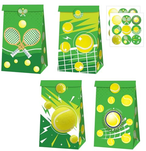 Tennis Geschenktüten, 12 Papiertüten mit 18 Aufklebern, Dekorative Kraftpapier Kleine Geschenktüten für Partys & Sportevents & Snacks, Papier Tüten für Feiern & Läden, Tennis Geschenk Set, 22×12×8cm