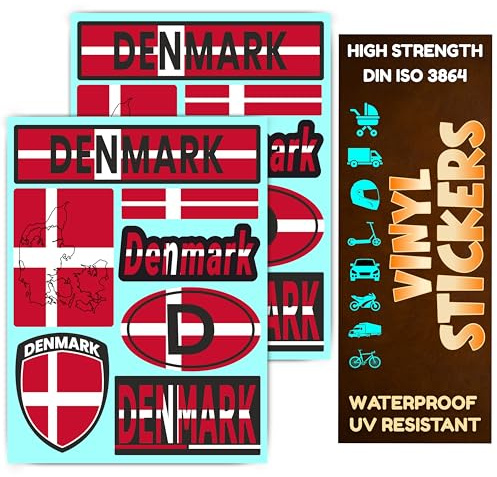 DIN 3864 Vinyl Sticker Flagge Länder Anhänger Motorrad Aufkleber Wetterfeste Roller Scooter Helm Auto Roller Tank UV-Beständig Dekoration Fahrzeuge KFZ Selbstklebend (Dänemark, Set-14)