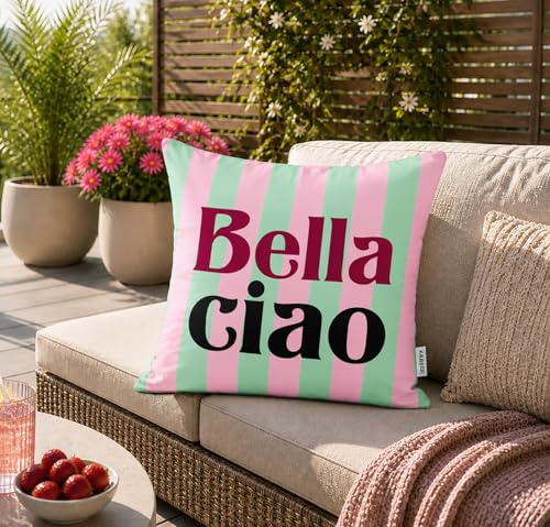 KAMACA Outdoor Dekokissen Bella Ciao, Rosa Mint Gestreift, 45x45 cm | 370g Füllung, Wasserabweisend, Schmutzabweisend, Strapazierfähig, Balkon Terrasse Lounge