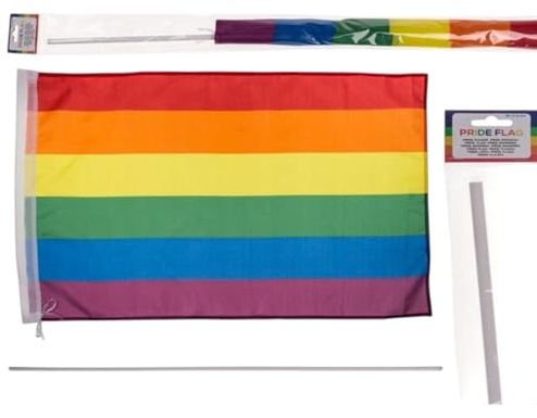 MIBANDERA Bandera LGTBI de Poliéster, 90x60 cm, con Palo de Plástico de 90 cm, para Marchas y Eventos